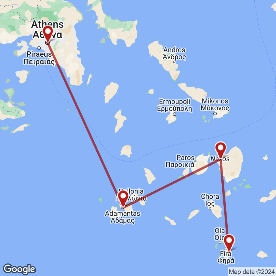 Route for Athens, Milos, Naxos, Santorini tour